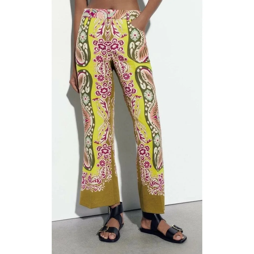 Zara Women Olive Green Pink Paisley Floral Scarf Print Linen Blend Pants L